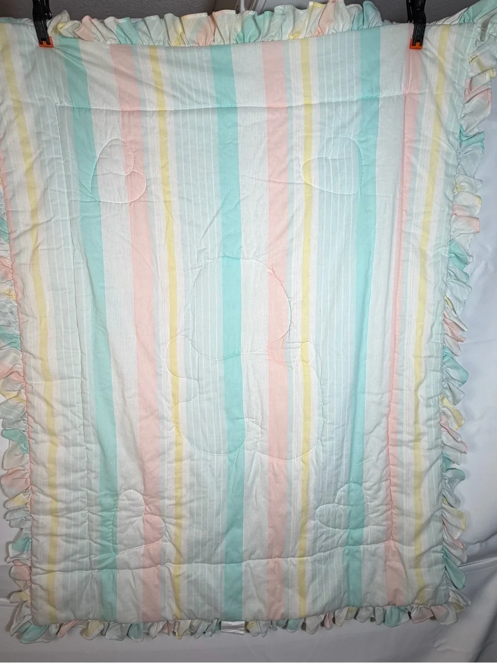 Vtg Lambs & Ivy Baby Blanket Quilt Pastel Stripes Plush Puppy Dog Ruffle Border